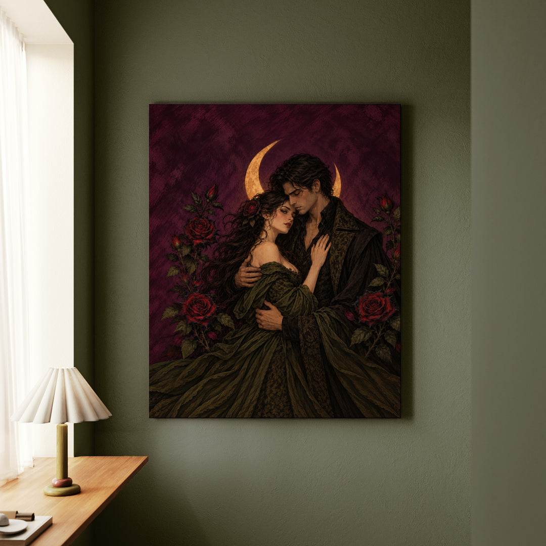 Gothic Lovers – Gothic Home Decor with a Couple Under a Crescent – Canvas Wall Art