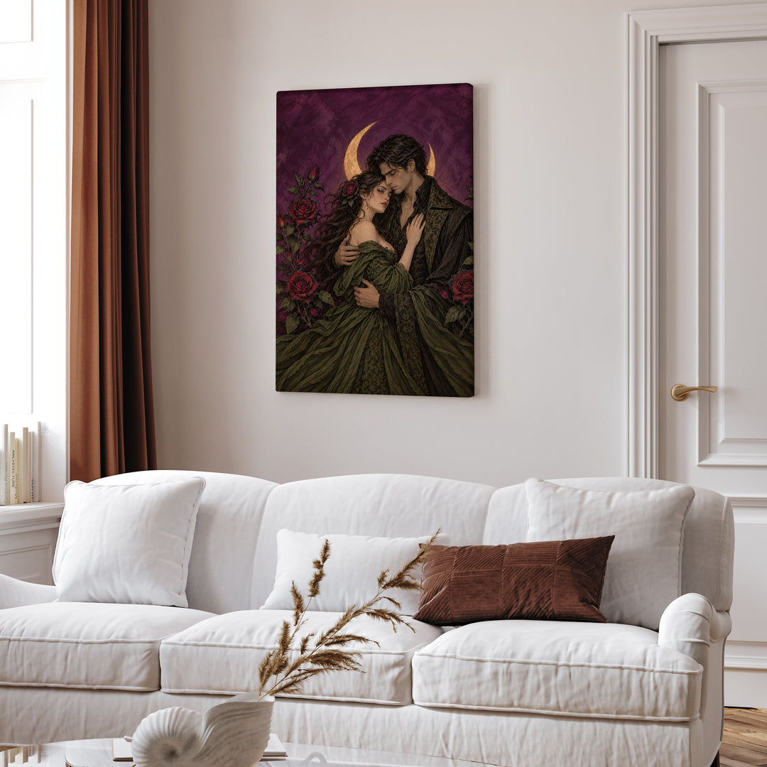 Gothic Lovers – Gothic Home Decor with a Couple Under a Crescent – Canvas / Framed Canvas