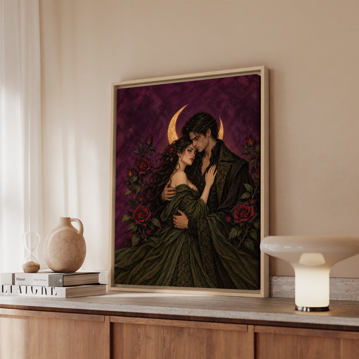 Gothic Lovers – Gothic Home Decor with a Couple Under a Crescent – Canvas / Framed Canvas