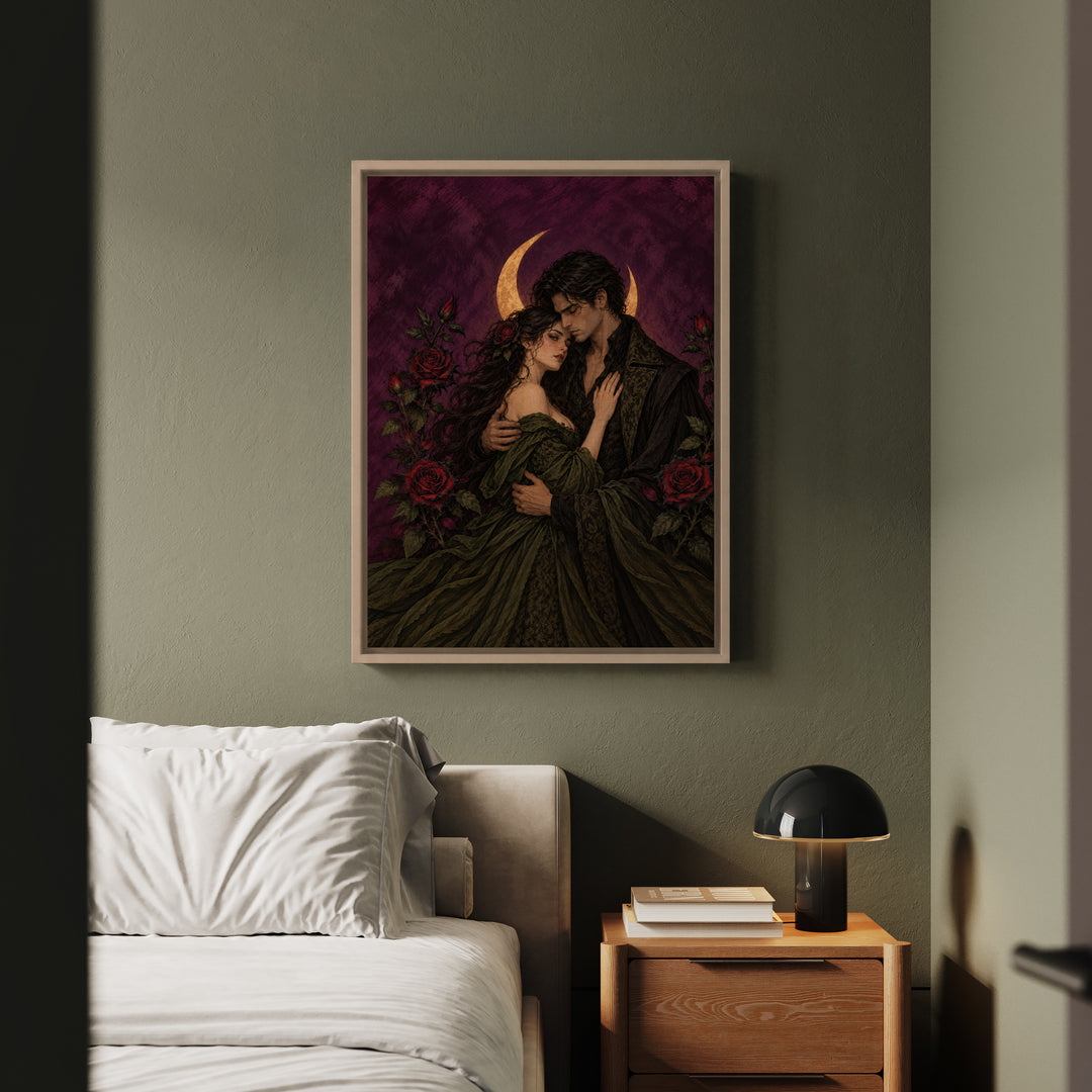 Gothic Lovers – Gothic Home Decor with a Couple Under a Crescent – Canvas / Framed Canvas