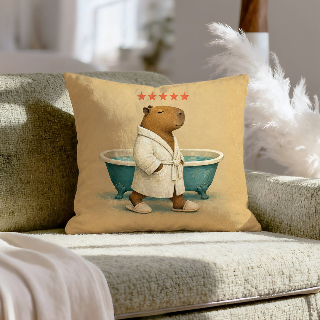 Five Star Stay – Bathroom Decor with a Capybara Spa Soak – Pillow Cover