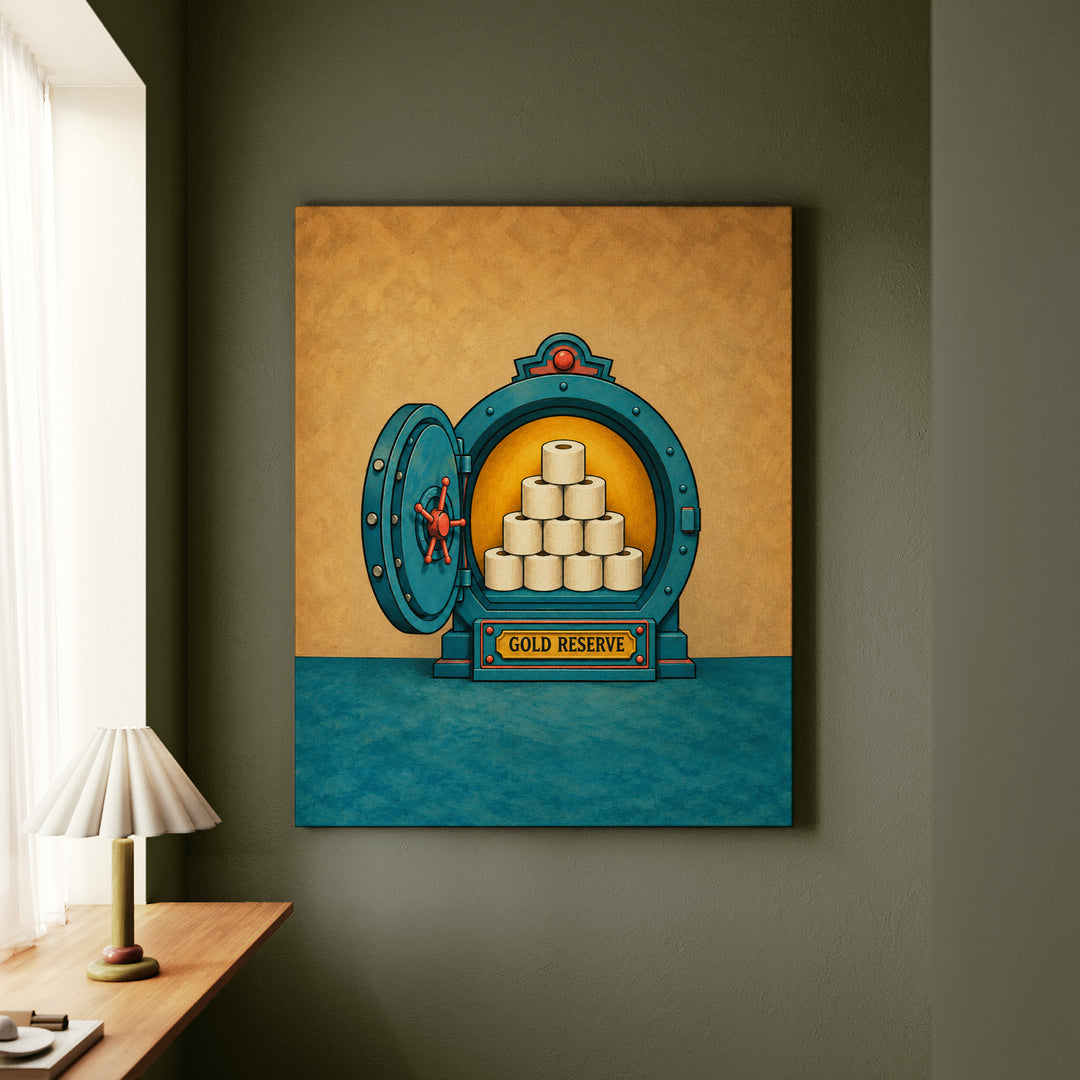 The Gold Reserve – Funny Bathroom Art with a Toilet Paper Vault – Canvas Wall Art