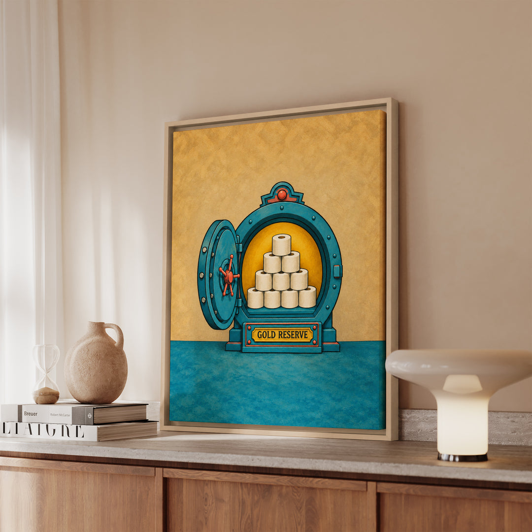 The Gold Reserve – Funny Bathroom Art with a Toilet Paper Vault – Framed Canvas Wall Art