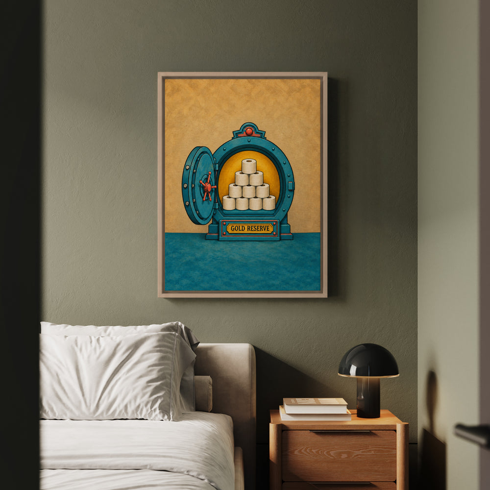The Gold Reserve – Funny Bathroom Art with a Toilet Paper Vault – Framed Canvas Wall Art