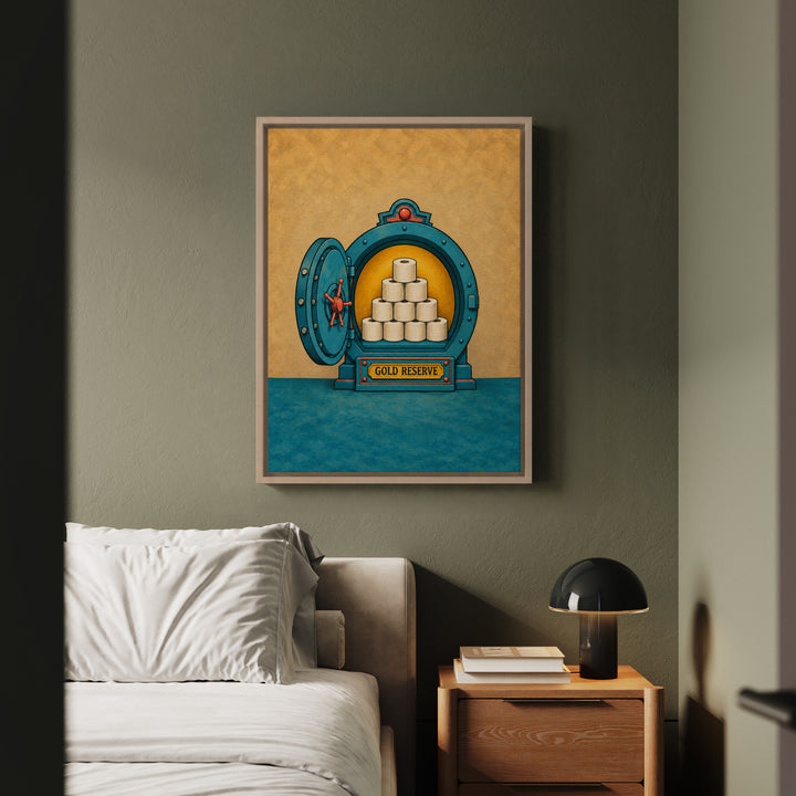 The Gold Reserve – Funny Bathroom Art with a Toilet Paper Vault – Framed Canvas Wall Art
