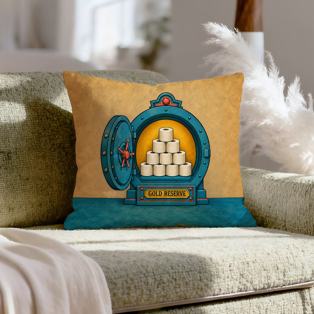 The Gold Reserve – Funny Bathroom Decor with a Toilet Paper Vault – Throw Pillow