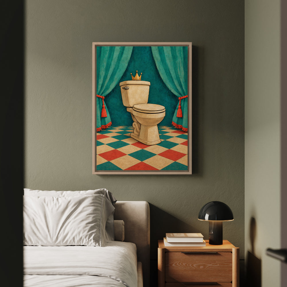 Royal Flush – Funny Toilet Art with a Crowned Porcelain Throne – Framed Canvas Wall Art