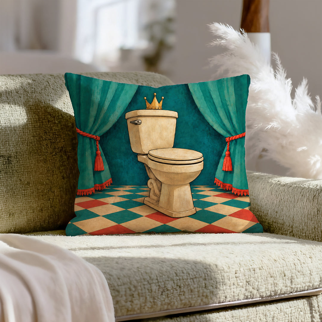 Royal Flush – Funny Toilet Decor with a Crowned Porcelain Throne – Throw Pillow