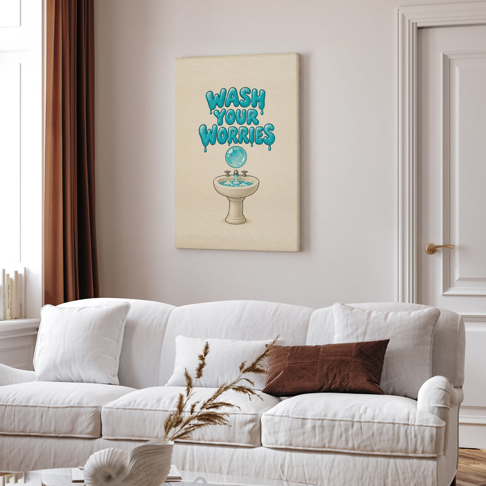 Wash Your Worries – Bathroom Wall Art with Soap Bubble Lettering – Canvas Wall Art