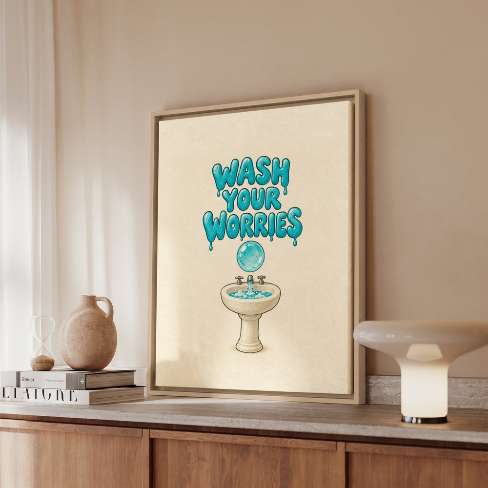 Wash Your Worries – Bathroom Wall Art with Soap Bubble Lettering – Canvas / Framed Canvas