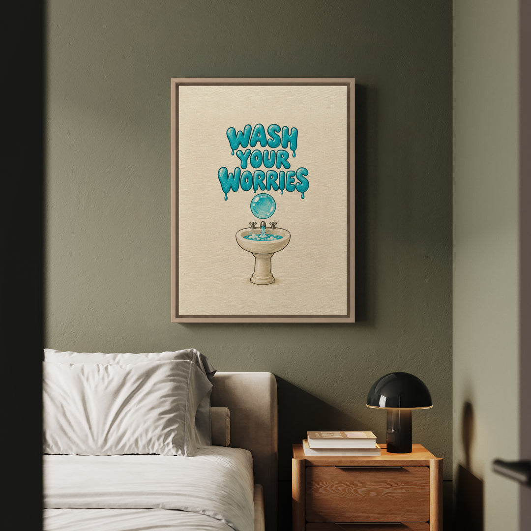 Wash Your Worries – Bathroom Wall Art with Soap Bubble Lettering – Framed Canvas Wall Art
