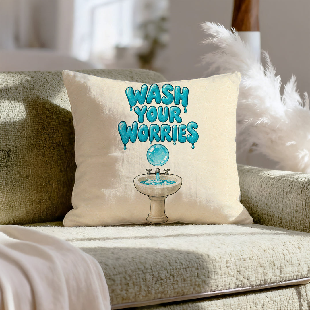 Wash Your Worries – Bathroom Decor with Soap Bubble Lettering – Throw Pillow