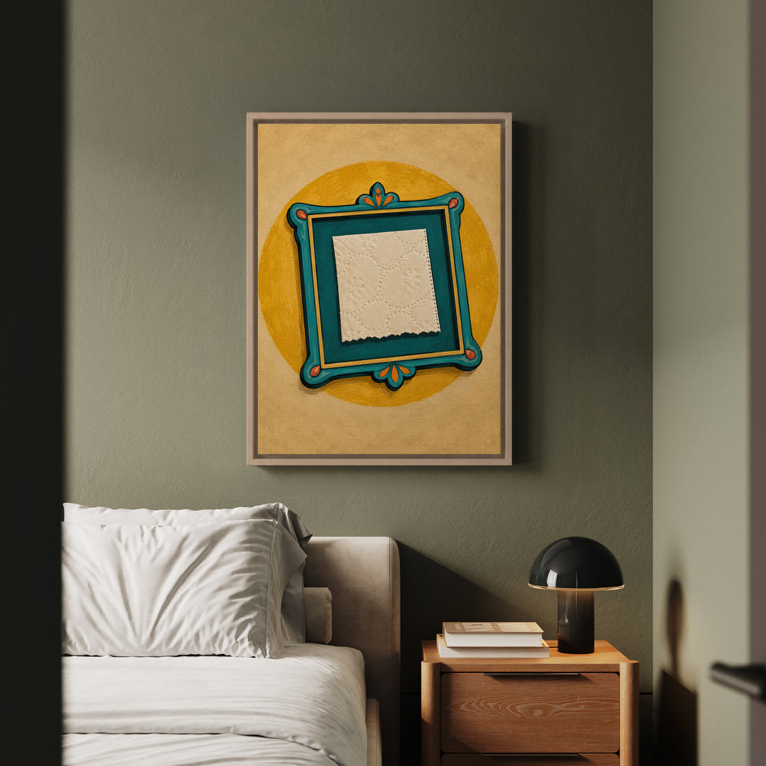 The Last Square – Funny Bathroom Art with a Toilet Paper Relic – Framed Canvas Wall Art