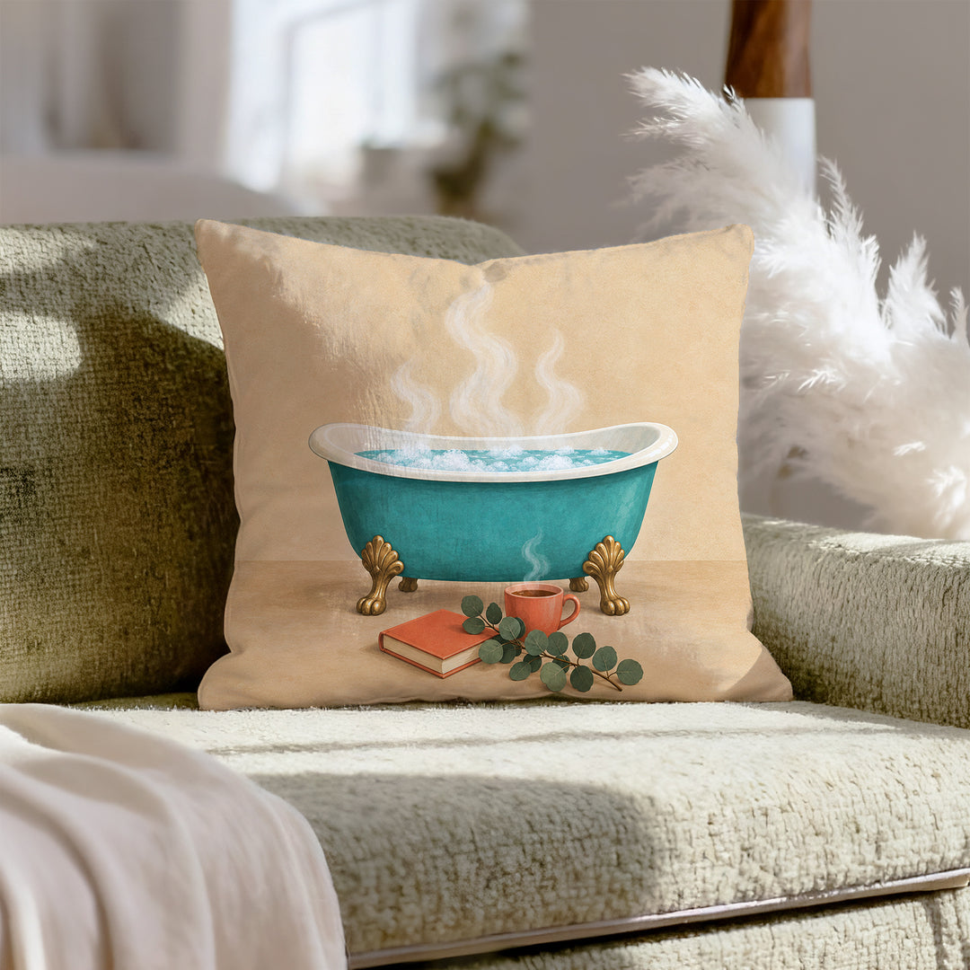 Bubble Bath Still Life – Funny Bathroom Decor with a Clawfoot Tub Scene – Throw Pillow