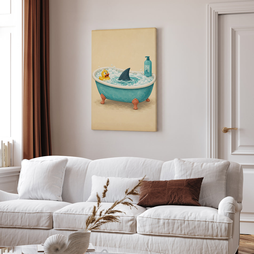 Bathtub Shark – Funny Bathroom Art with a Fin in the Bubbles – Canvas Wall Art