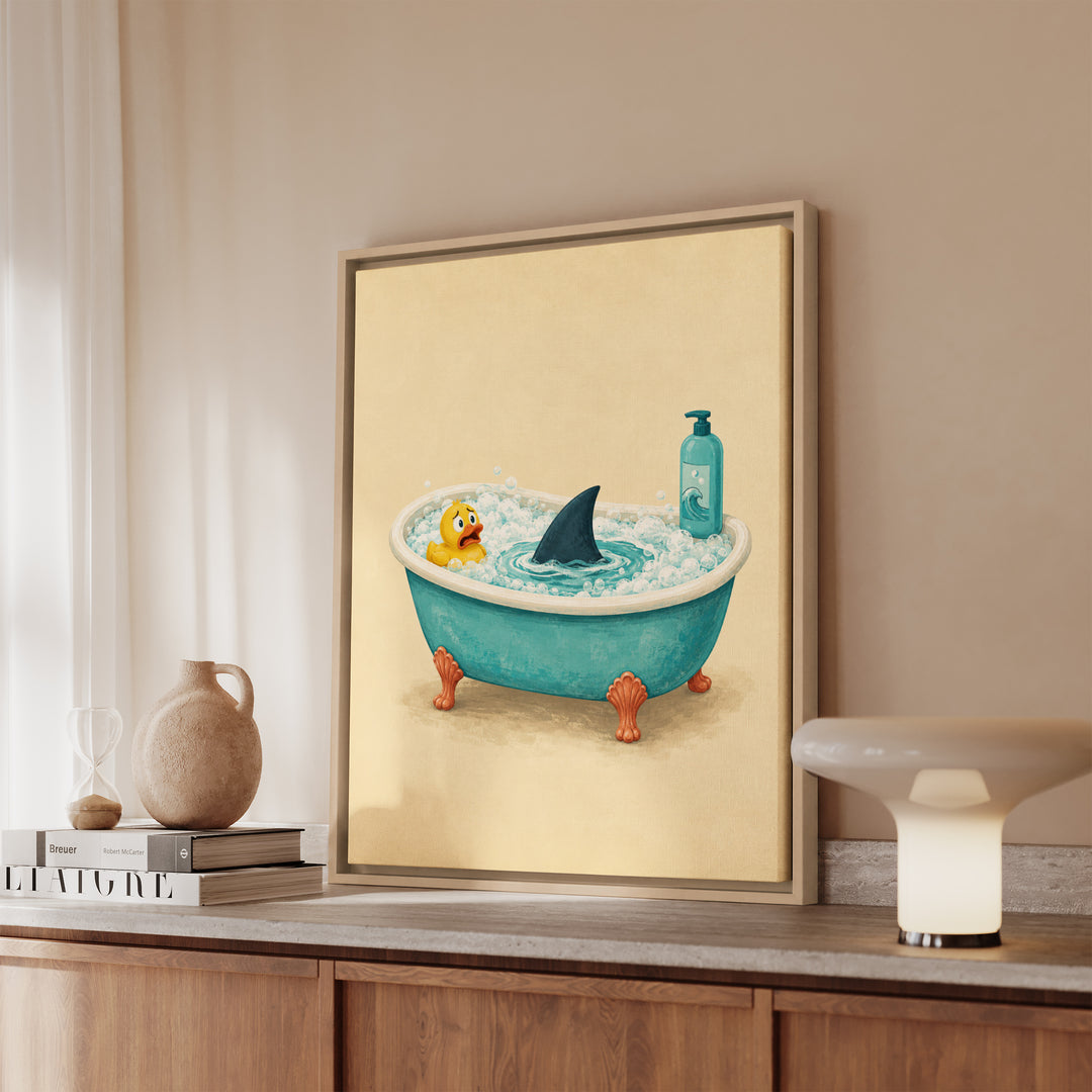 Bathtub Shark – Funny Bathroom Art with a Fin in the Bubbles – Framed Canvas Wall Art