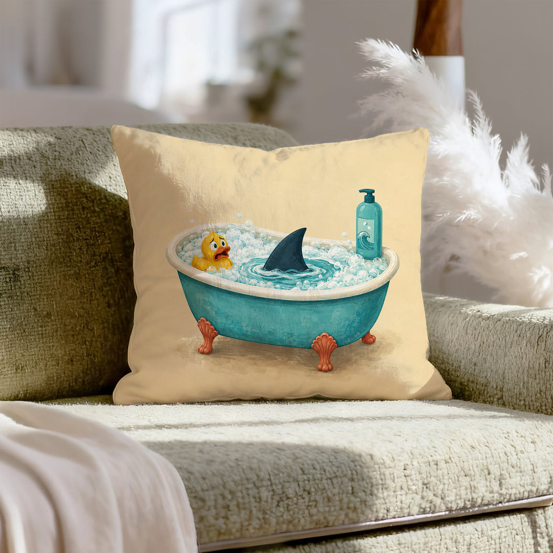 Bathtub Shark – Funny Bathroom Art with a Fin in the Bubbles – Pillow / Cover