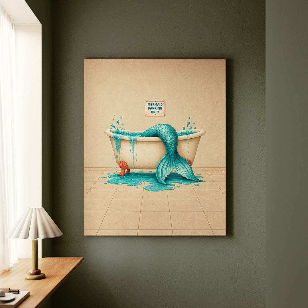 Mermaid Parking Only – Mermaid Wall Art with a Tail Over the Tub – Canvas Wall Art