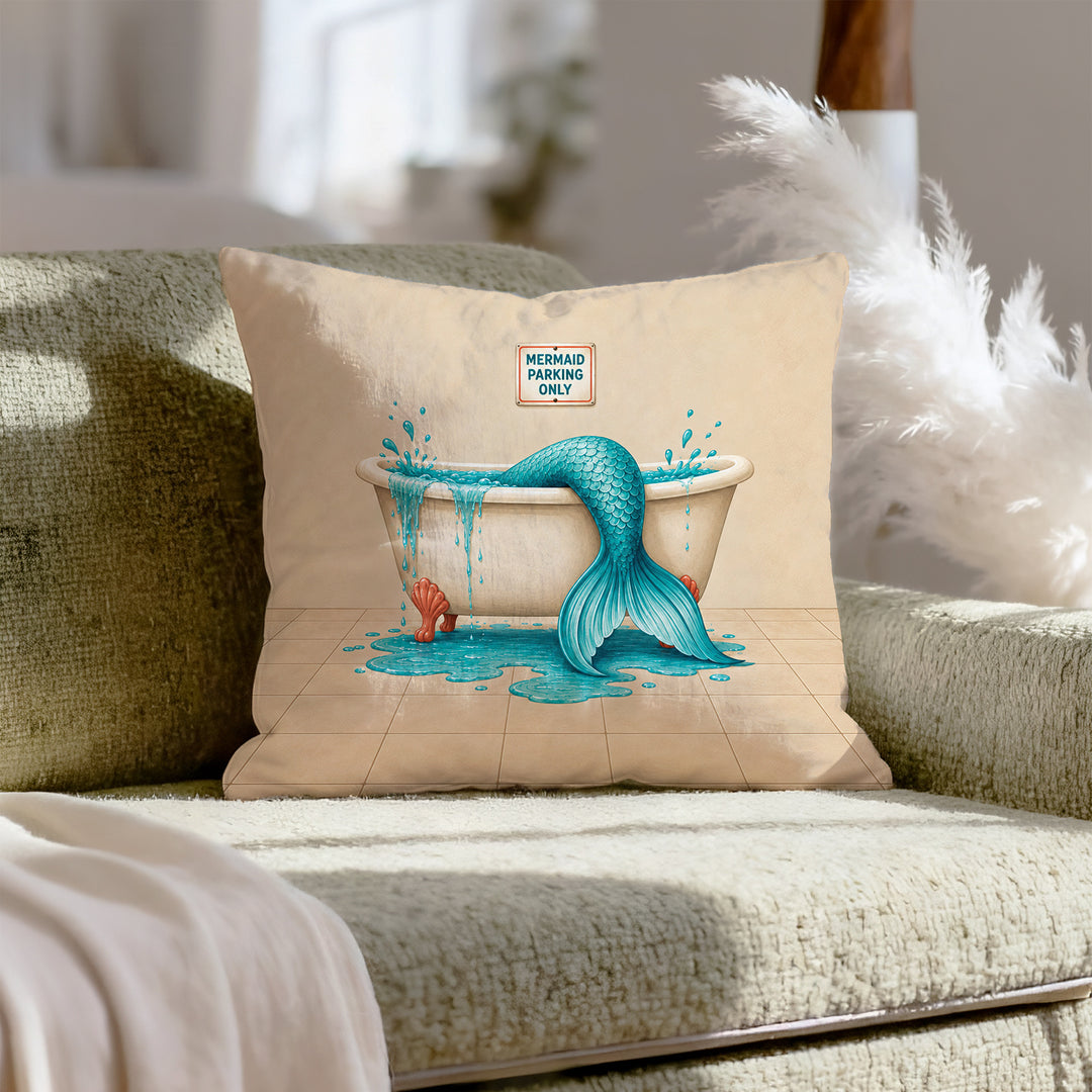 Mermaid Parking Only – Mermaid Wall Art with a Tail Over the Tub – Pillow / Cover