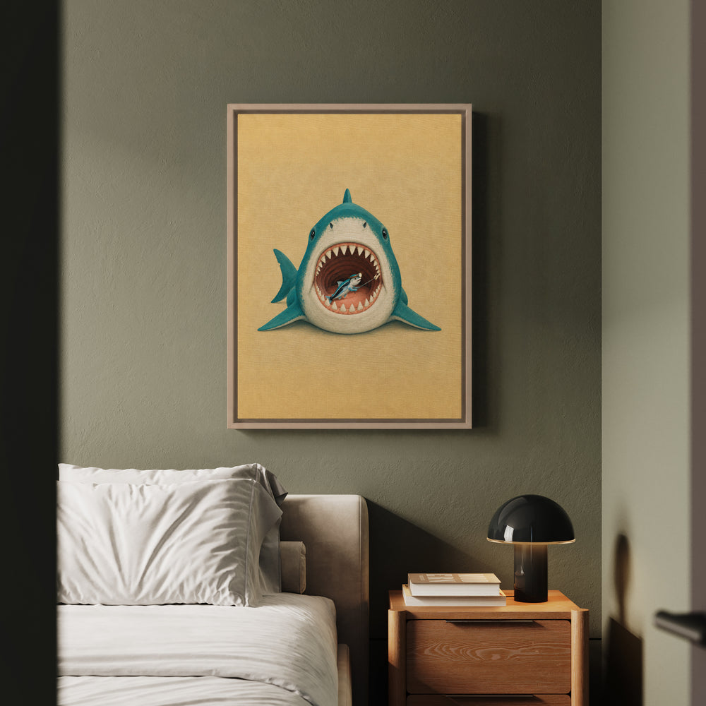 Shark Dentist – Funny Bathroom Art with a Cleaner Fish Checkup – Framed Canvas Wall Art