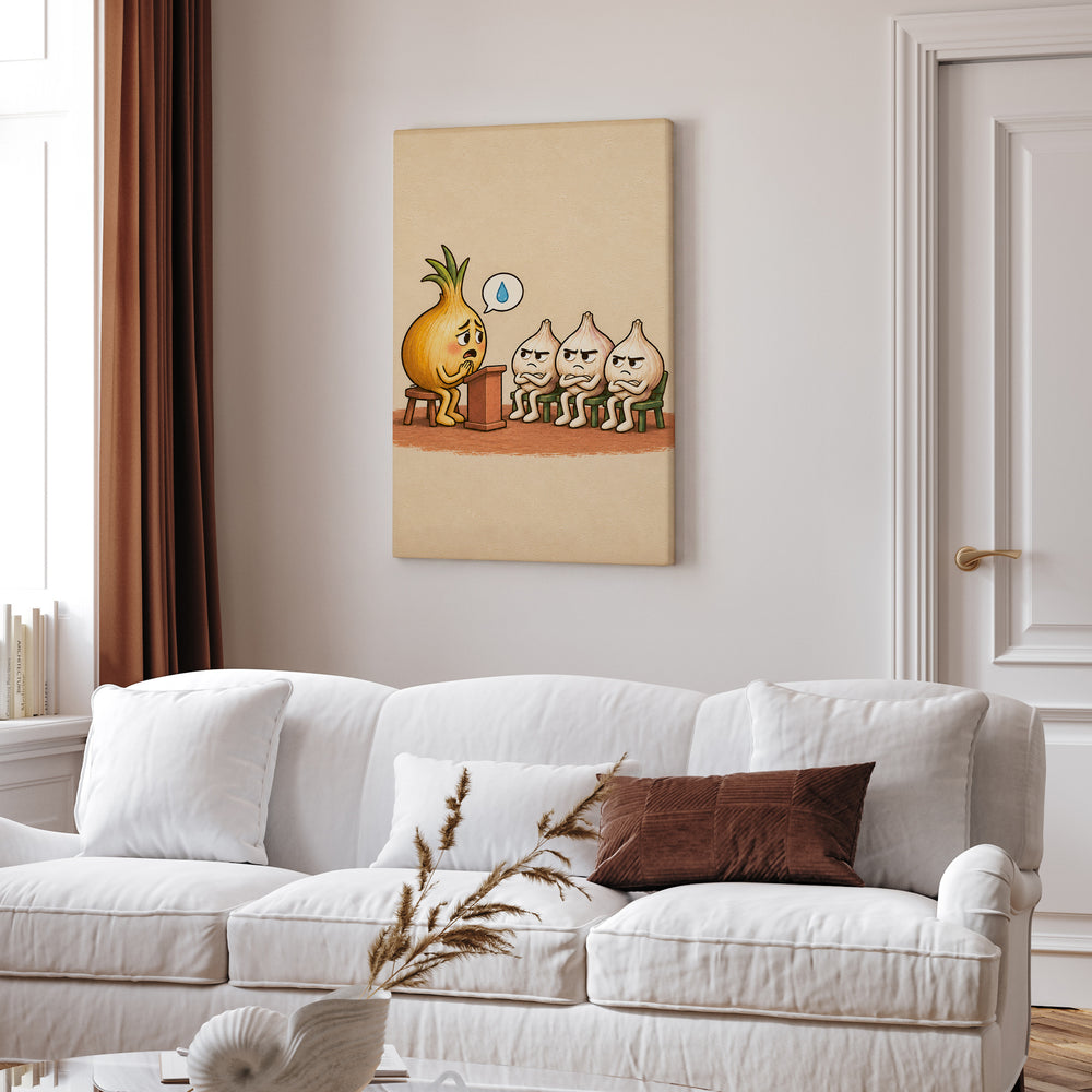 The Onion's Side of the Story – Funny Kitchen Art with a Podium and a Tearful Plea – Canvas Wall Art