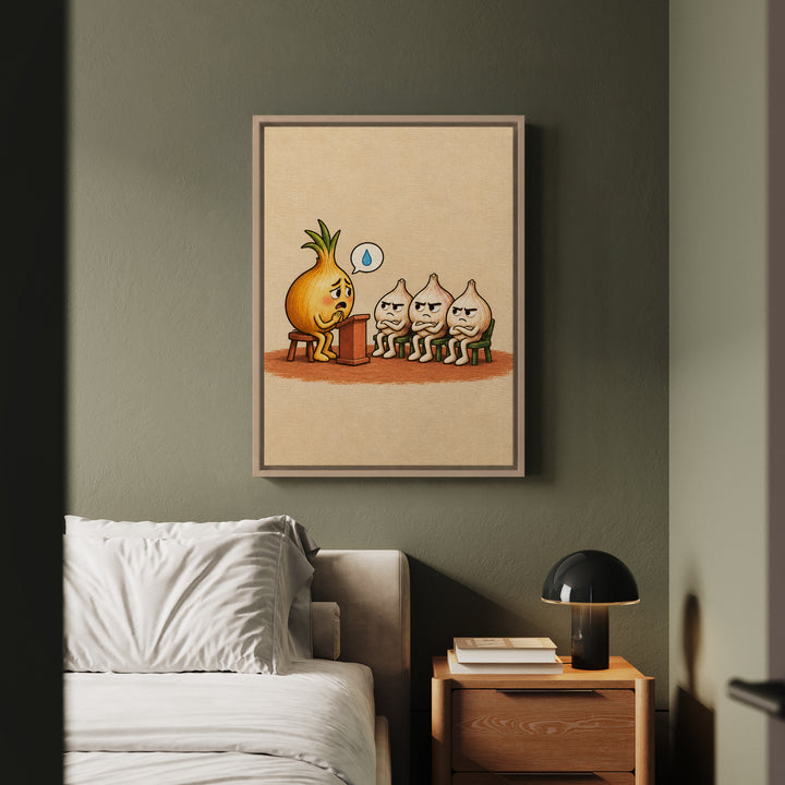 The Onion's Side of the Story – Funny Kitchen Art with a Podium and a Tearful Plea – Framed Canvas Wall Art