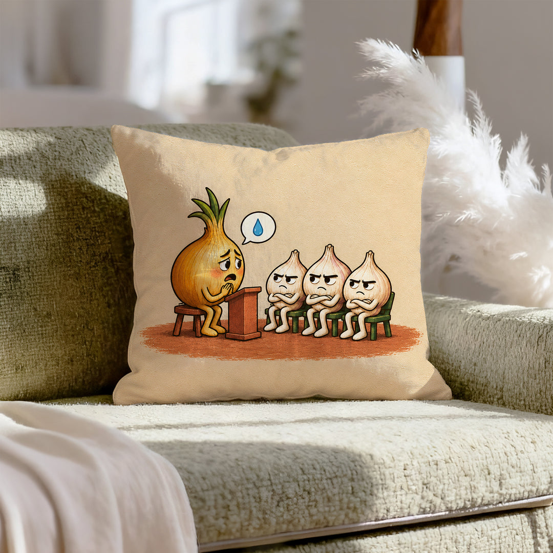 The Onion's Side of the Story – Funny Kitchen Decor with a Podium and a Tearful Plea – Pillow Cover