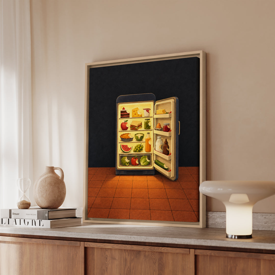 Midnight Kitchen – Kitchen Wall Art with a Fridge Glow at 2 AM – Framed Canvas Wall Art