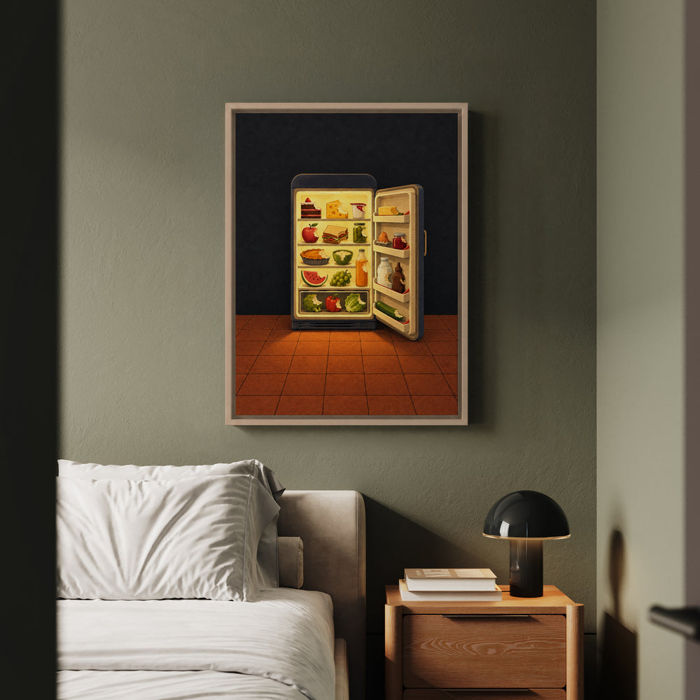 Midnight Kitchen – Kitchen Wall Art with a Fridge Glow at 2 AM – Framed Canvas Wall Art