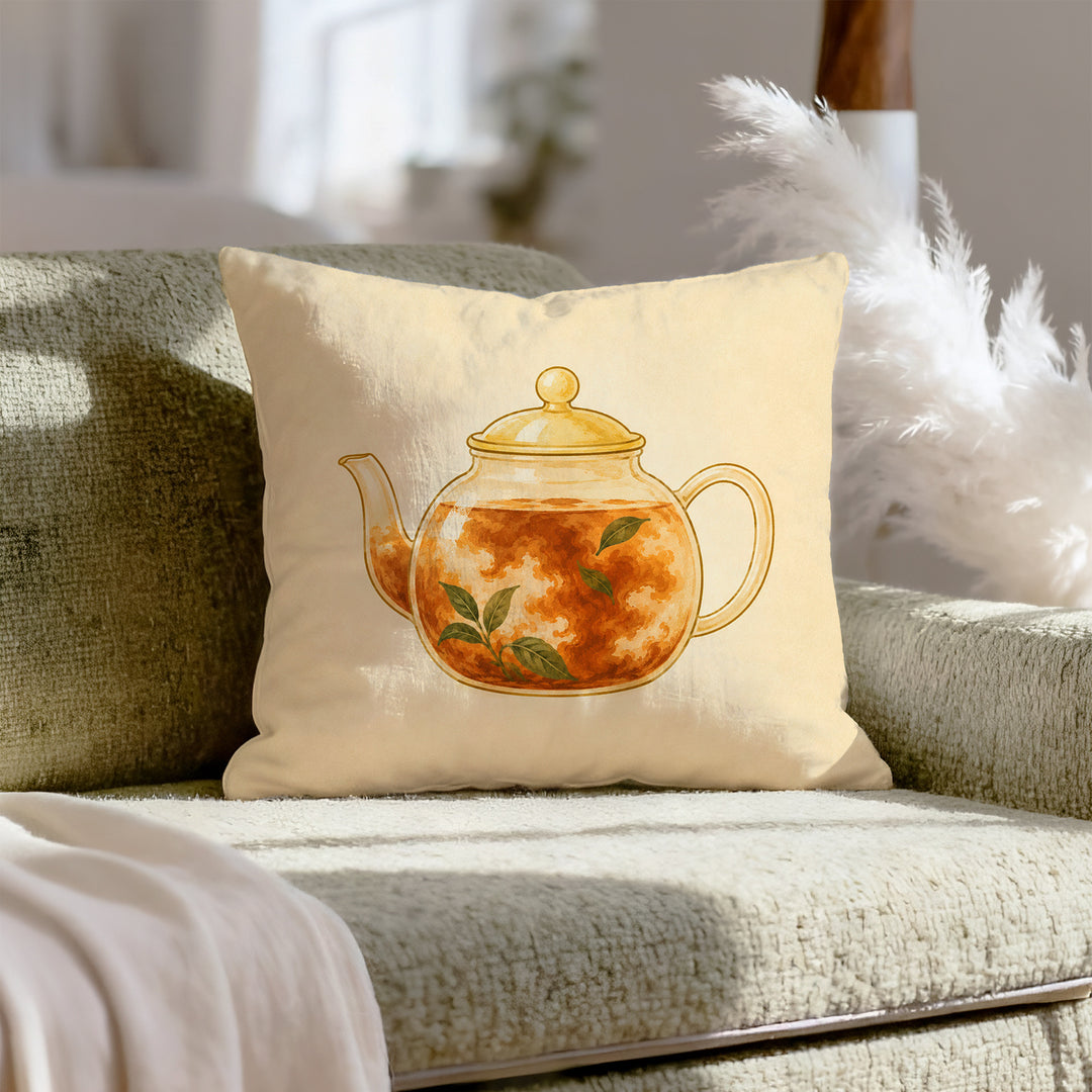Tea, Steeping – Tea Decor with a Glass Pot and Blooming Color – Throw Pillow