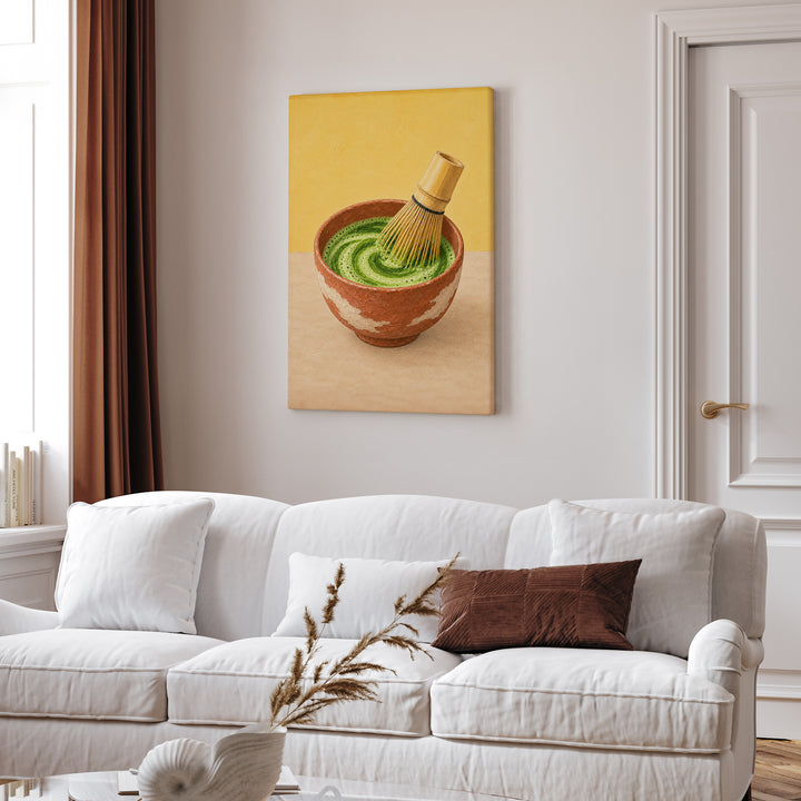 The Matcha Ceremony – Matcha Wall Art with a Bamboo Whisk and Green Spiral – Canvas Wall Art