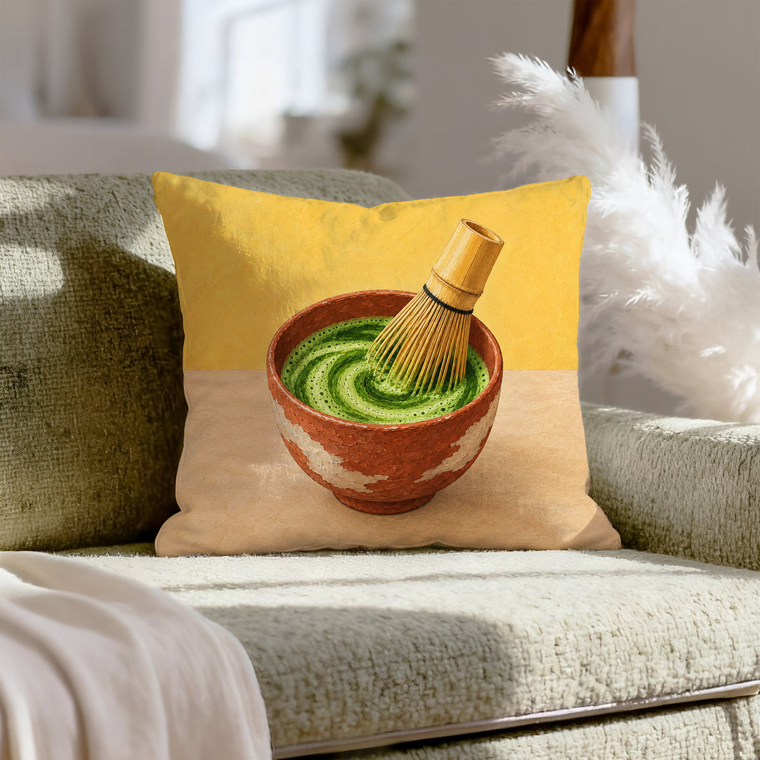 The Matcha Ceremony – Matcha Decor with a Bamboo Whisk and Green Spiral – Throw Pillow