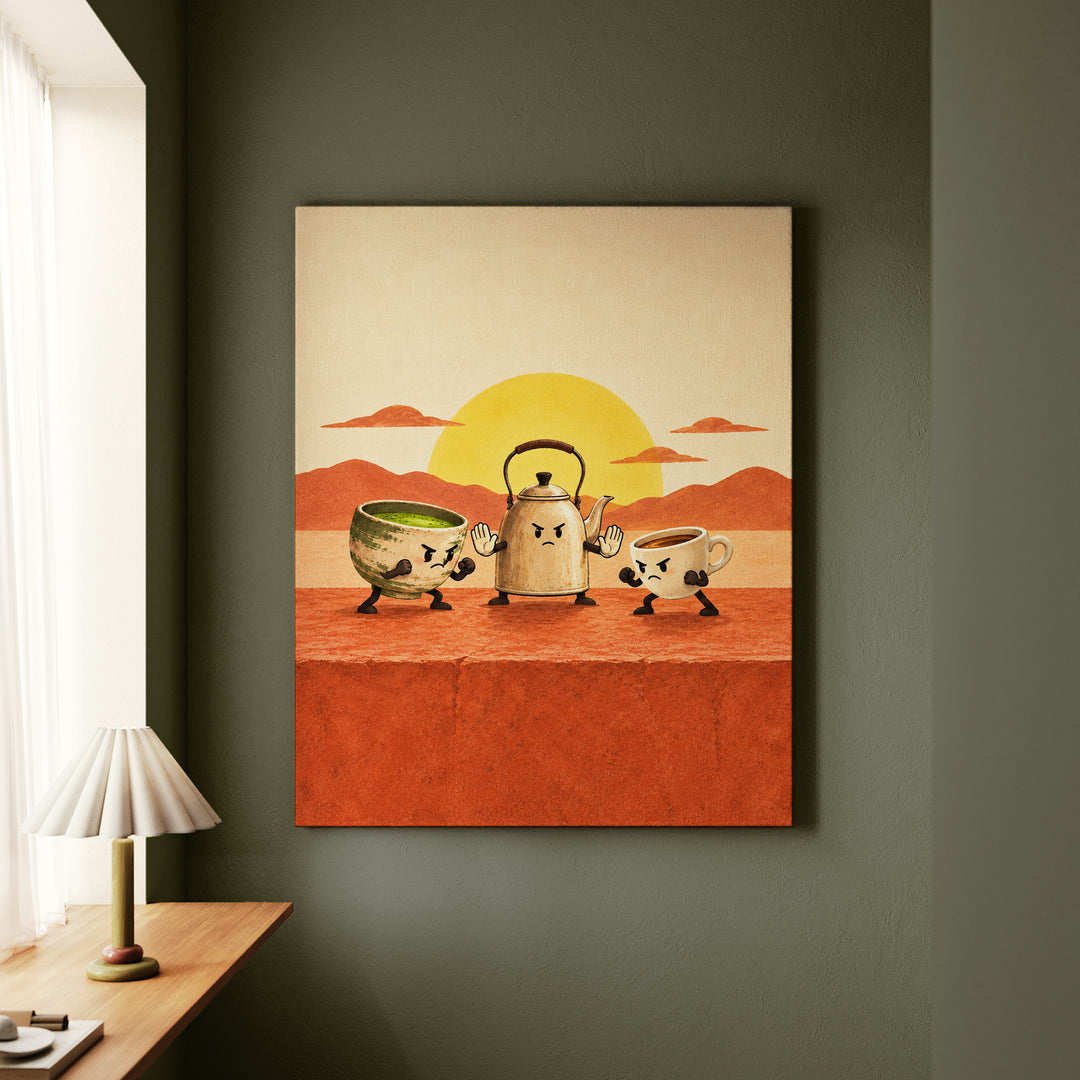 Team Matcha vs Team Espresso – Kitchen Wall Art with a Green Bowl Facing a Dark Shot – Canvas Wall Art