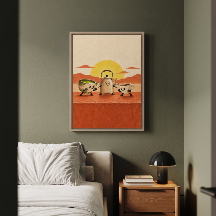 Team Matcha vs Team Espresso – Kitchen Wall Art with a Green Bowl Facing a Dark Shot – Framed Canvas Wall Art