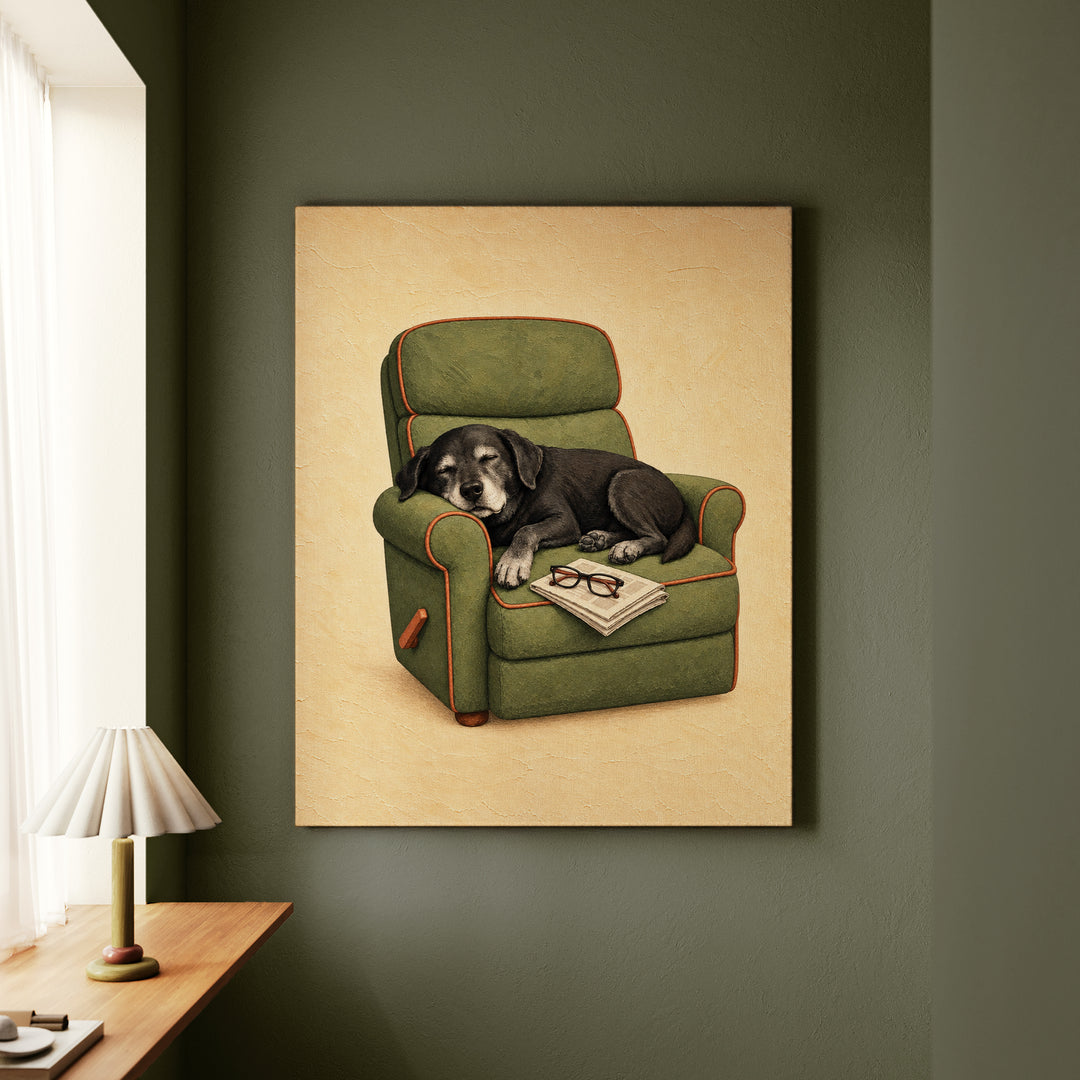 Grandpa's Co-Pilot – Fishing Wall Art with a Grey Muzzle in the Recliner – Canvas Wall Art