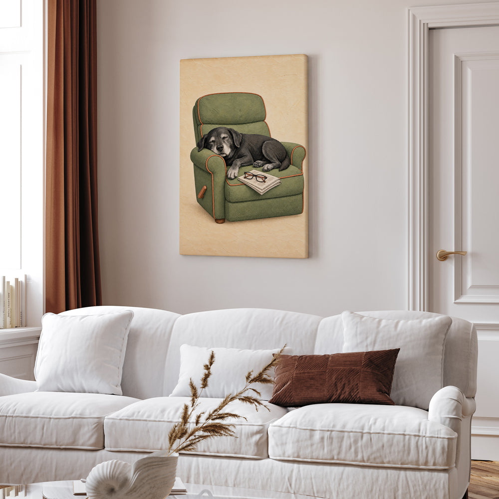 Grandpa's Co-Pilot – Fishing Wall Art with a Grey Muzzle in the Recliner – Canvas Wall Art