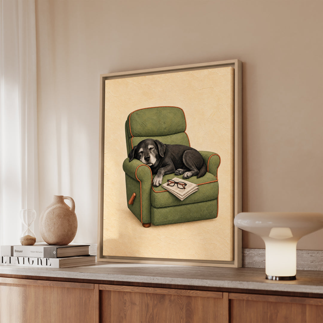 Grandpa's Co-Pilot – Fishing Wall Art with a Grey Muzzle in the Recliner – Framed Canvas Wall Art