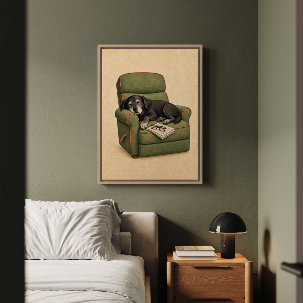 Grandpa's Co-Pilot – Fishing Wall Art with a Grey Muzzle in the Recliner – Framed Canvas Wall Art