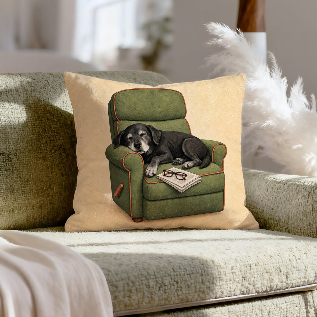 Grandpa's Co-Pilot – Fishing Wall Art with a Grey Muzzle in the Recliner – Pillow / Cover