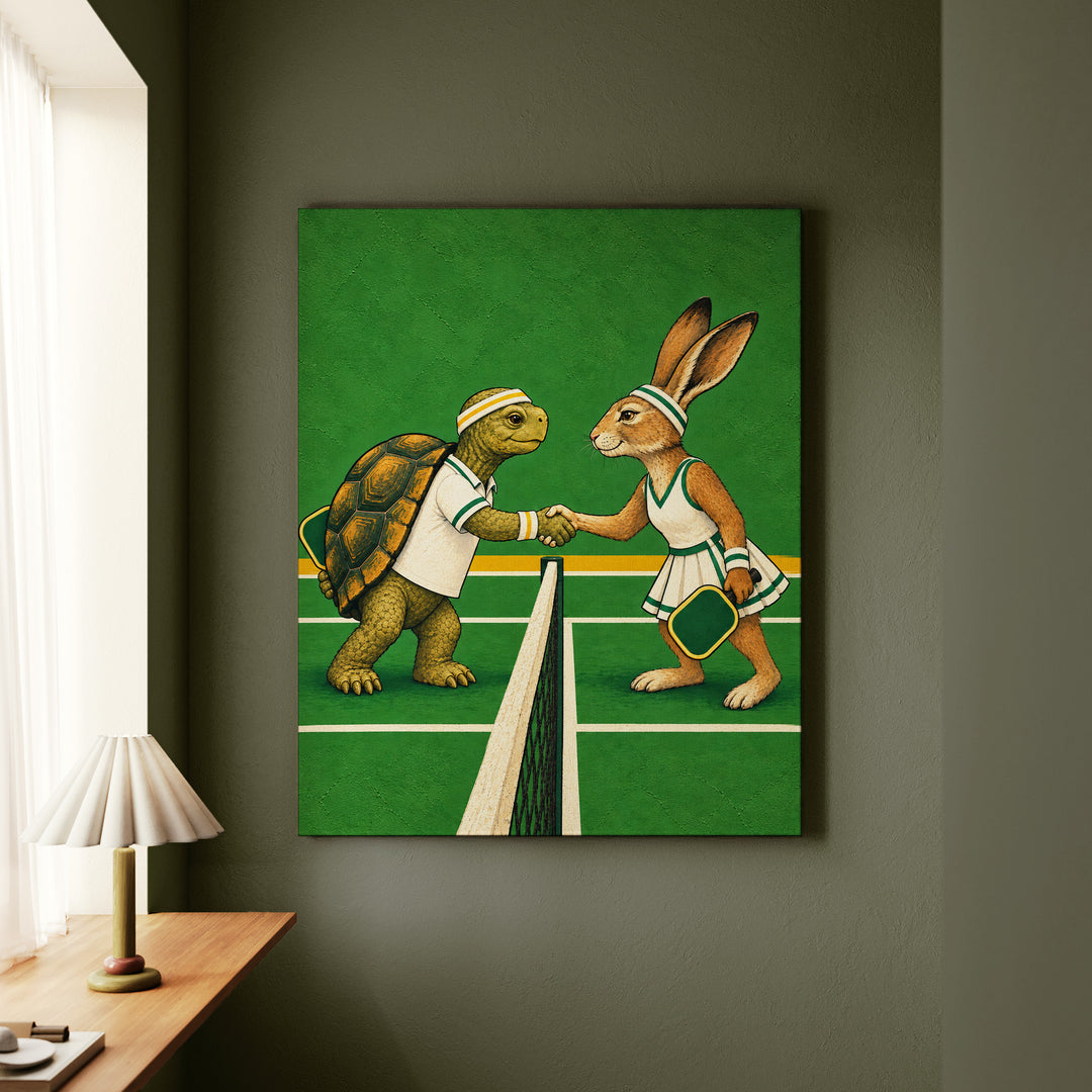 Sunday League – Pickleball Art with a Tortoise and Hare Handshake – Canvas Wall Art