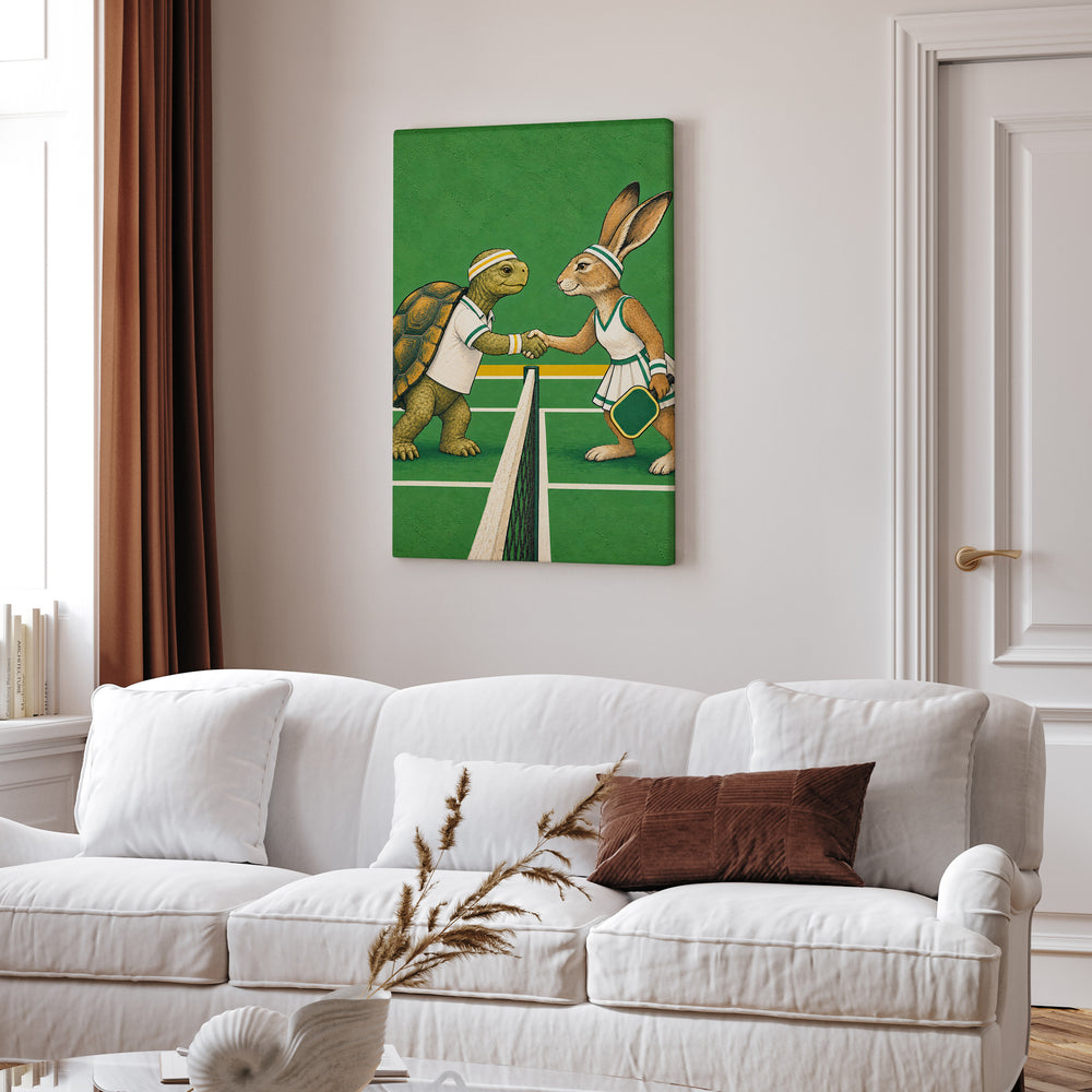 Sunday League – Pickleball Art with a Tortoise and Hare Handshake – Canvas Wall Art