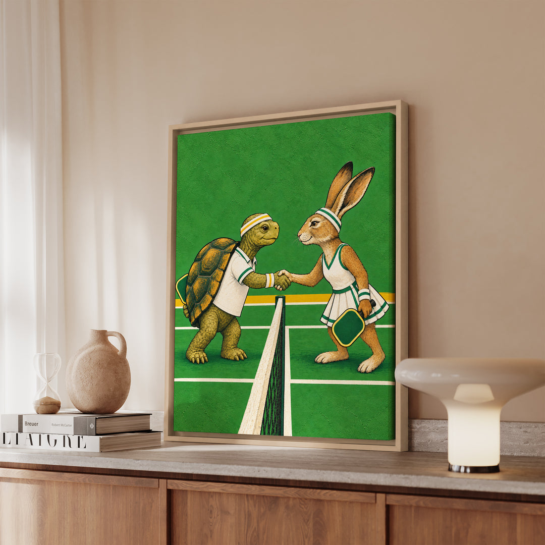 Sunday League – Pickleball Art with a Tortoise and Hare Handshake – Framed Canvas Wall Art