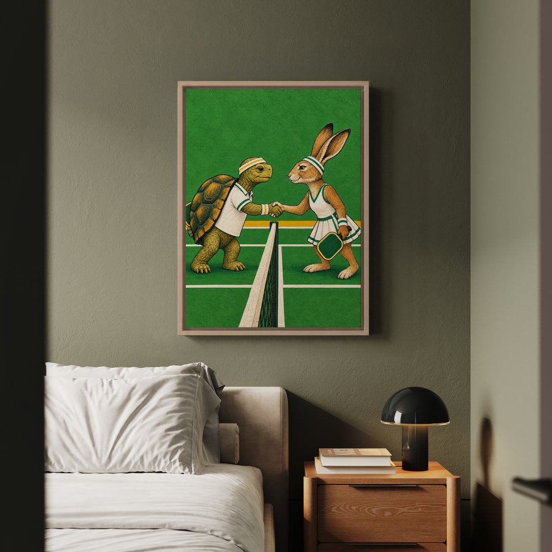 Sunday League – Pickleball Art with a Tortoise and Hare Handshake – Framed Canvas Wall Art