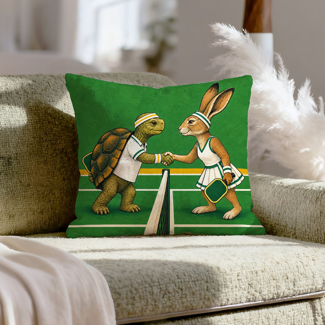 Sunday League – Pickleball Decor with a Tortoise and Hare Handshake – Pillow Cover