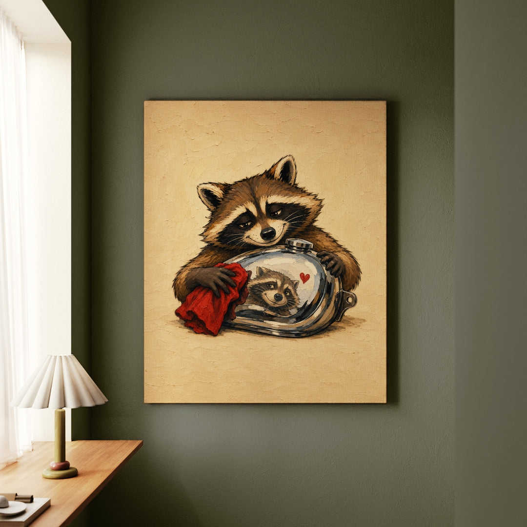 The Vintage Restorer – Motorcycle Art with a Raccoon and a Chrome Tank – Canvas Wall Art