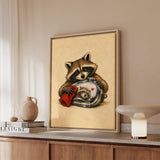 The Vintage Restorer – Motorcycle Art with a Raccoon and a Chrome Tank – Framed Canvas Wall Art