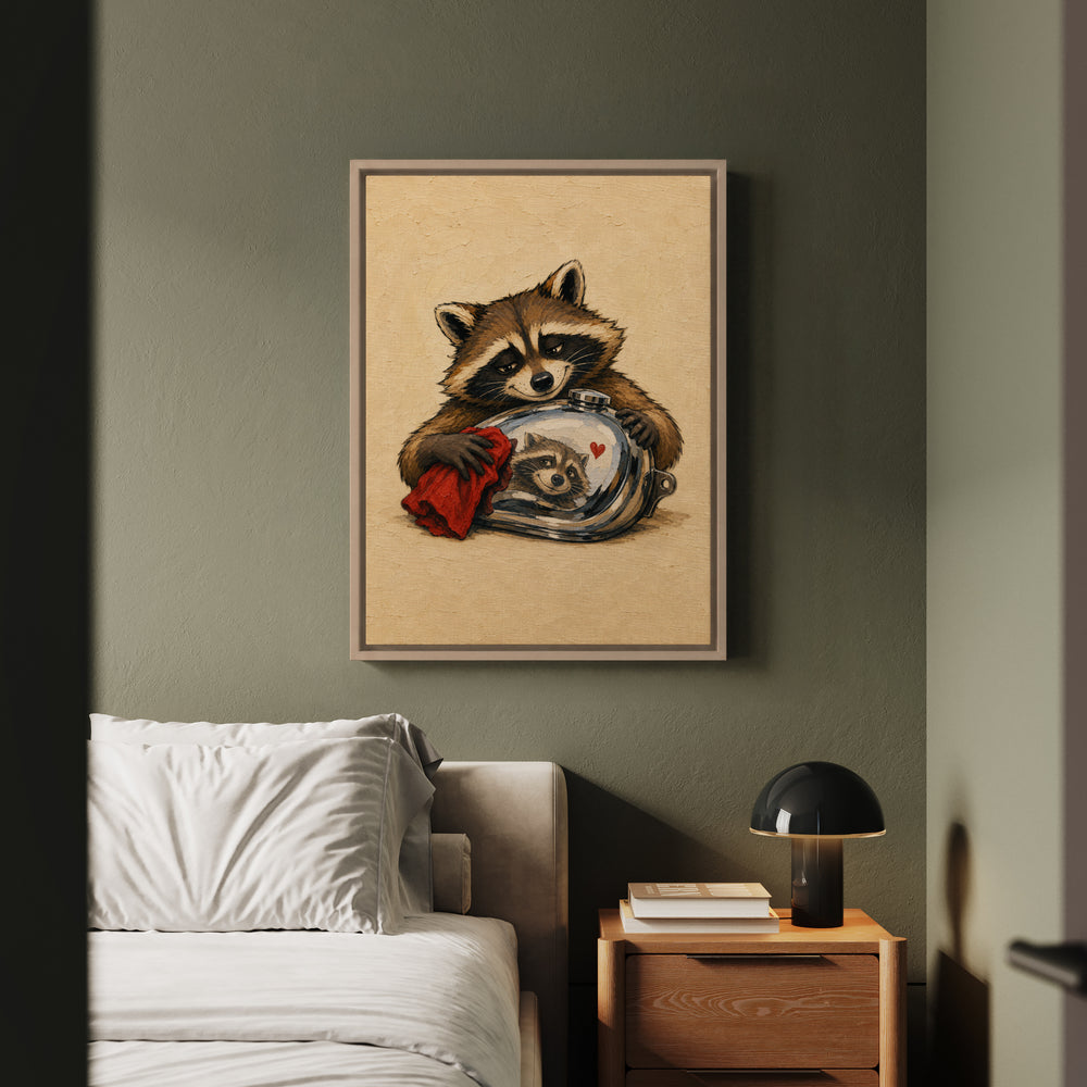 The Vintage Restorer – Motorcycle Art with a Raccoon and a Chrome Tank – Framed Canvas Wall Art