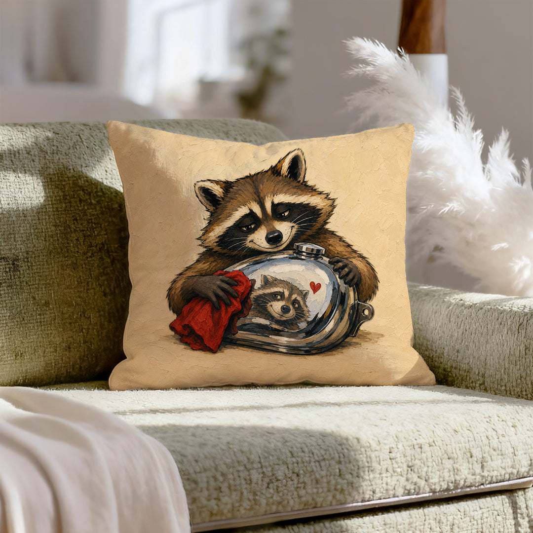 The Vintage Restorer – Motorcycle Decor with a Raccoon and a Chrome Tank – Throw Pillow