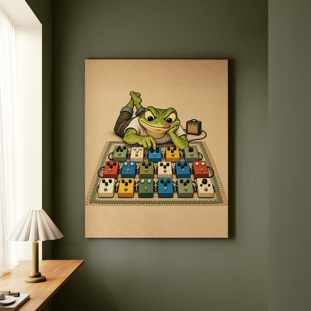 The Tone Chaser – Guitar Wall Art with a Frog and Seventeen Pedals – Canvas Wall Art