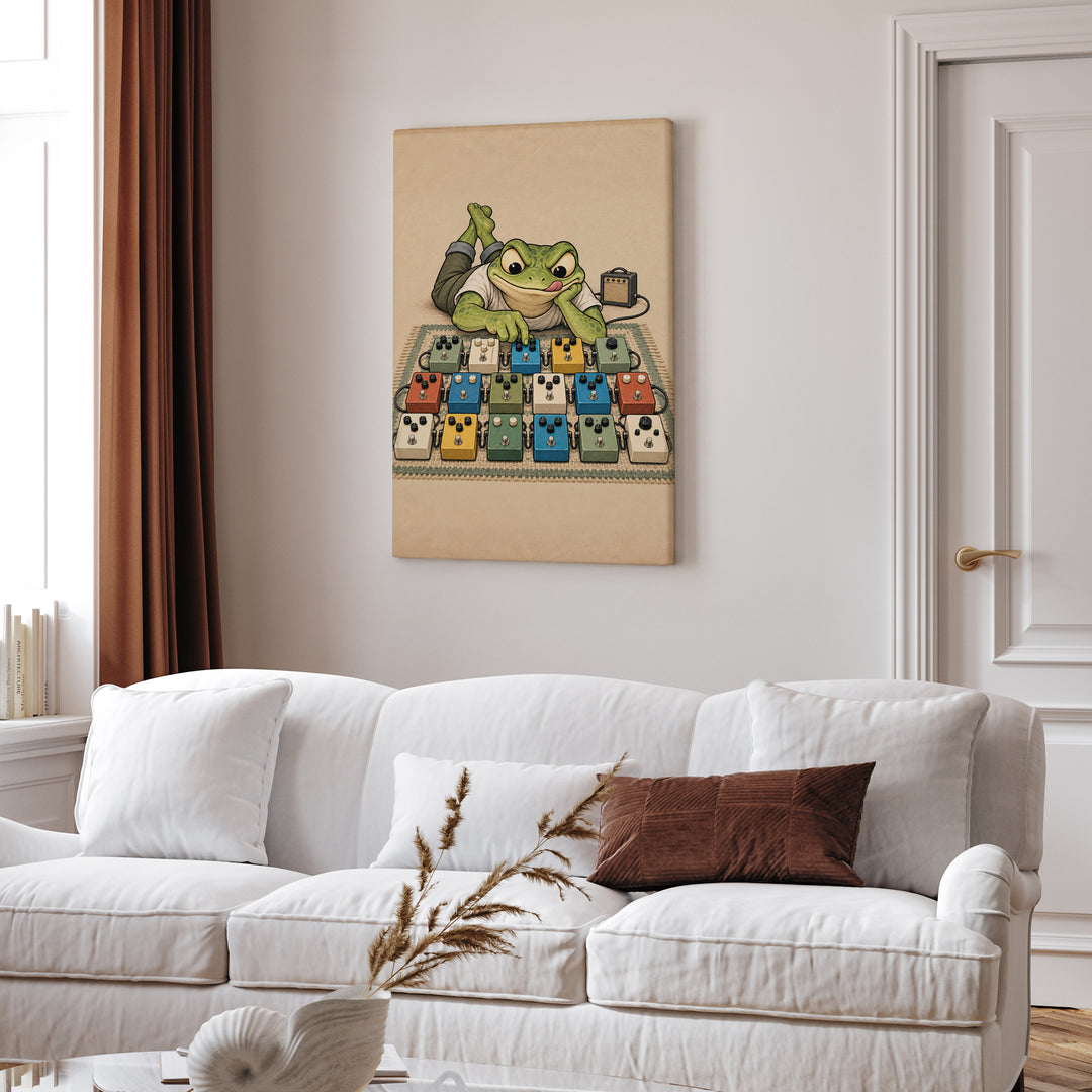 The Tone Chaser – Guitar Wall Art with a Frog and Seventeen Pedals – Canvas Wall Art